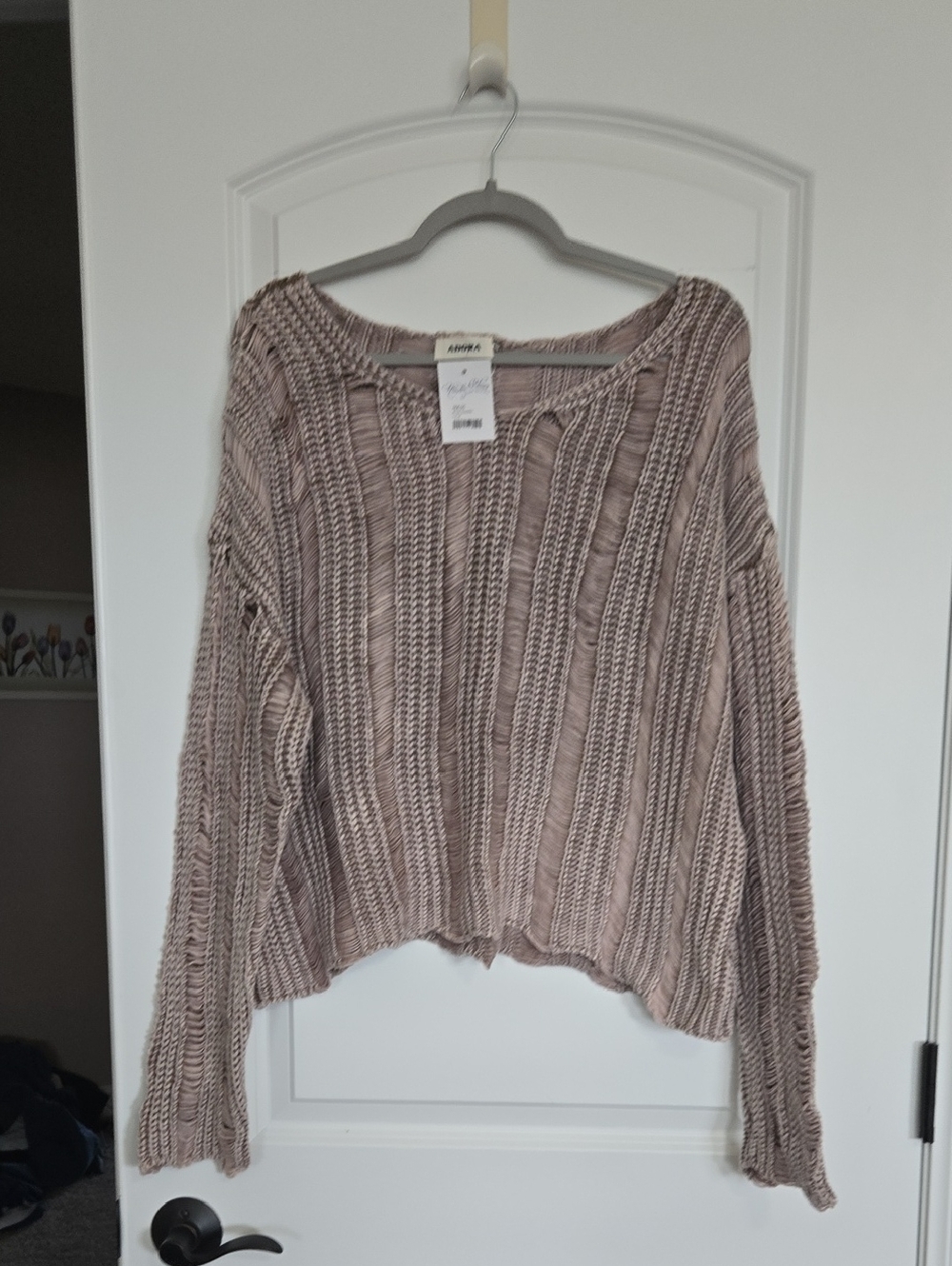ADORA Mauve Taupe Ruffled Ribbed Crewneck Sweater